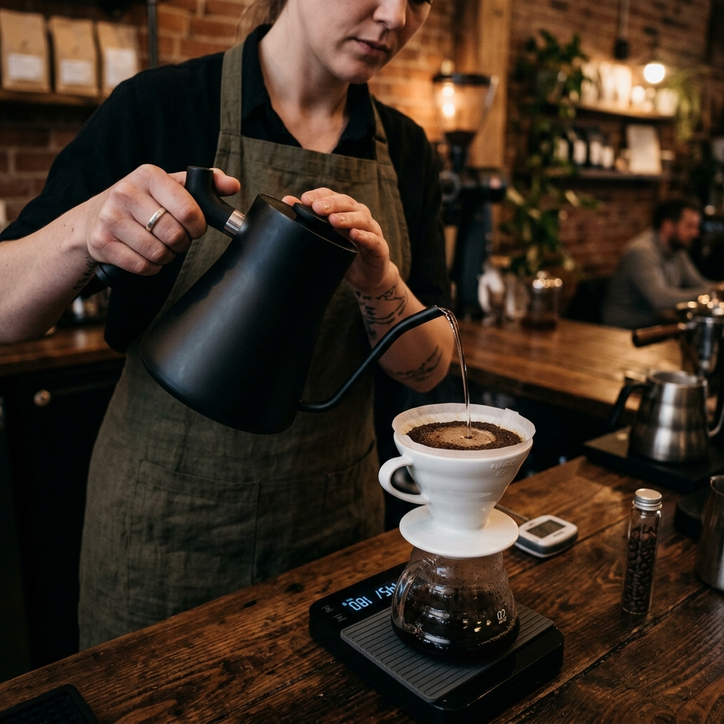 A barista pouring hot water precisely over a coffee dripper